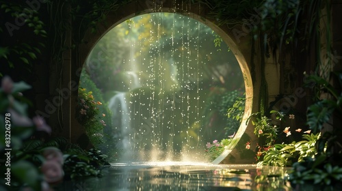 Garden Gateway with Enchanted Fountain and Sparkling Waters.