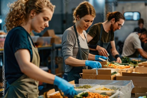 dedication of women as they meticulously pack food into boxes for a delivery project at a food pantry, ensuring that every package carries nourishment and hope to those in need.
