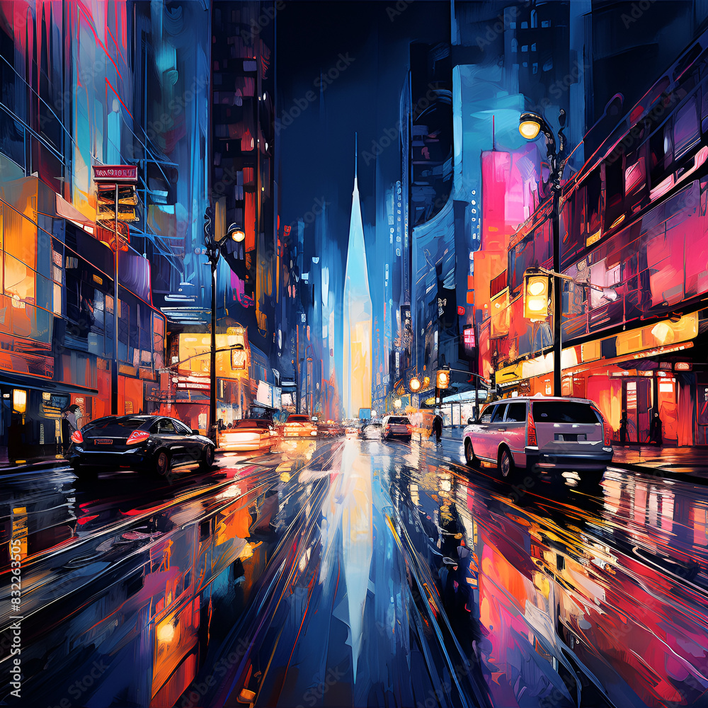 A city street at night with cars and buildings illuminated