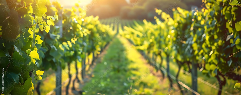 Obraz premium beautiful green vineyard with rows of grapevines in the sunlight