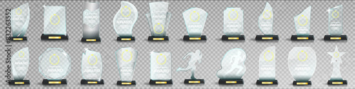 Glass award trophy set. Transparent prize template. Winner first place concept. Vector illustration. Winner glass trophy. First place award, crystal prize and signed acrylic trophies. Glass awarding t