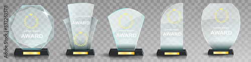 Glass award trophy set. Transparent prize template. Winner first place concept. Vector illustration. Winner glass trophy. First place award, crystal prize and signed acrylic trophies. Glass awarding t