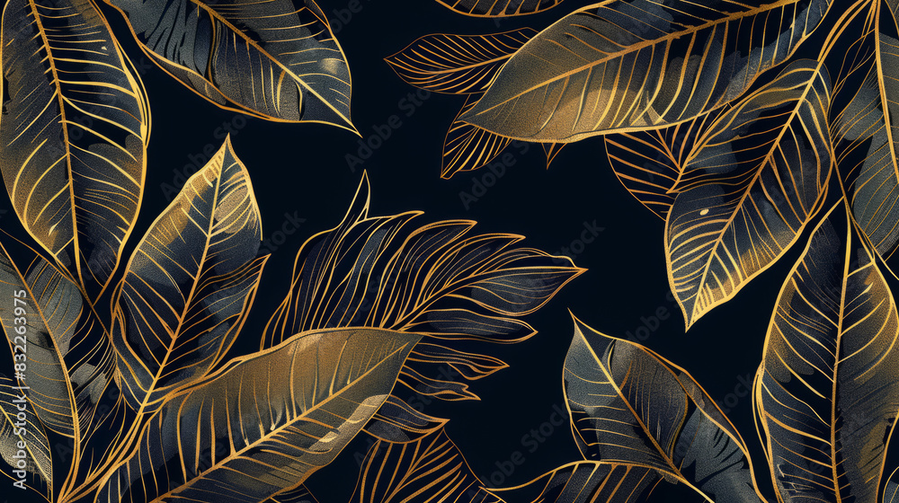 Luxury tropical leaf wallpaper with golden detailing on dark background Luxury tropical leaf wallpaper with golden detailing on dark background