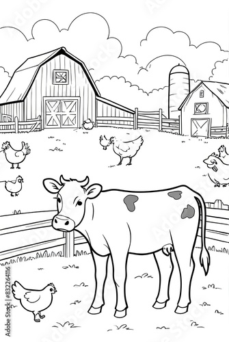 Cow in farmyard barn house in background Kids coloring page book, black and white line art, blank  coloring art