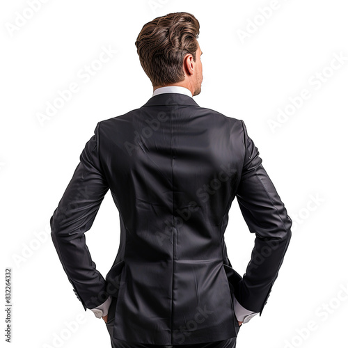 Business man from the back looking at something, white background