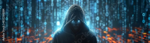 Tech noir thriller Hooded figure with obscured face against a backdrop of flowing digital code, perfect for tech thriller or cybersecurity themes photo
