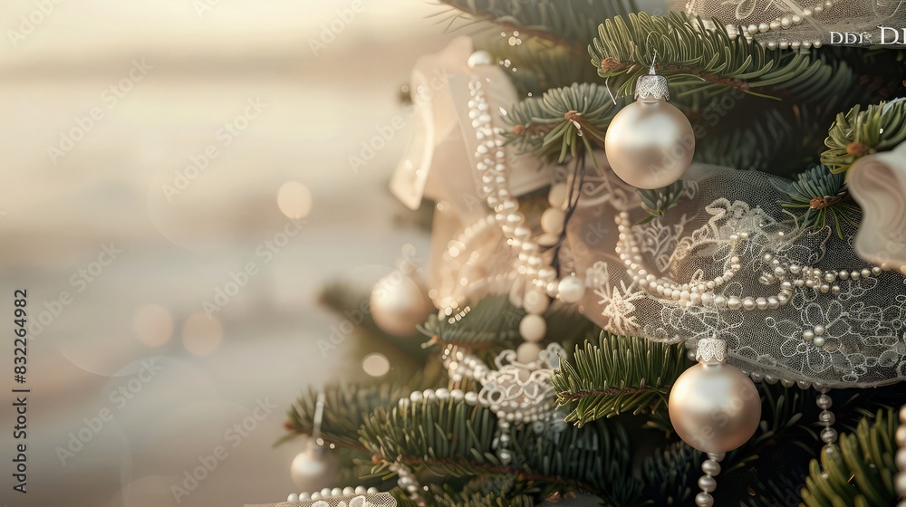 An elegant close-up of a  Christmas tree, festooned with pearls and delicate lace decorations, against the gentle morning fog at the waterfront.