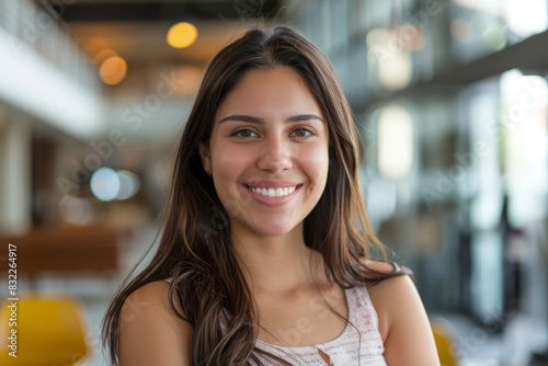 Smiling young woman in casual attire at modern office