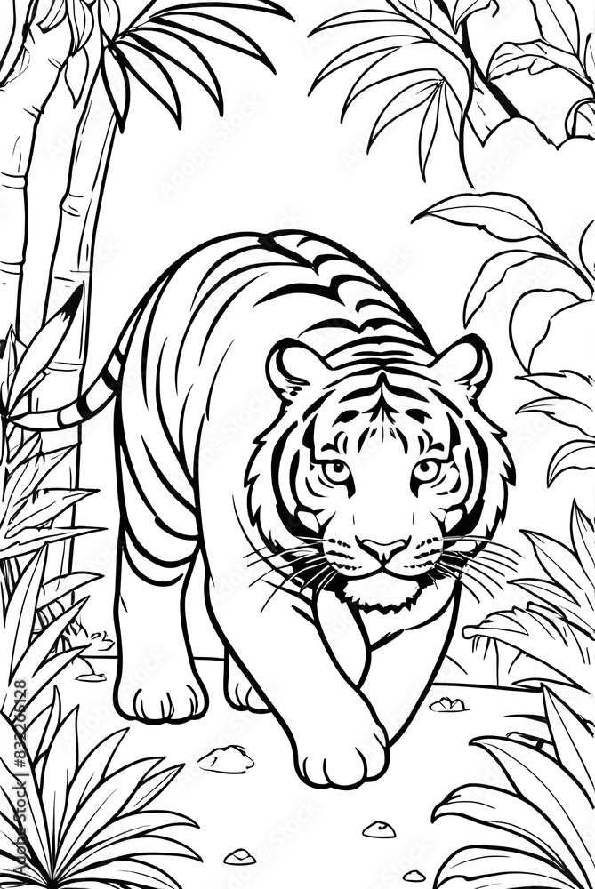 Obraz premium Tiger Kids coloring page book, black and white line art, blank coloring art