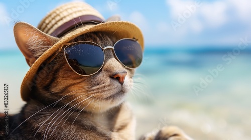Relaxing cat with sun hat and sunglasses on beach. © vlntn