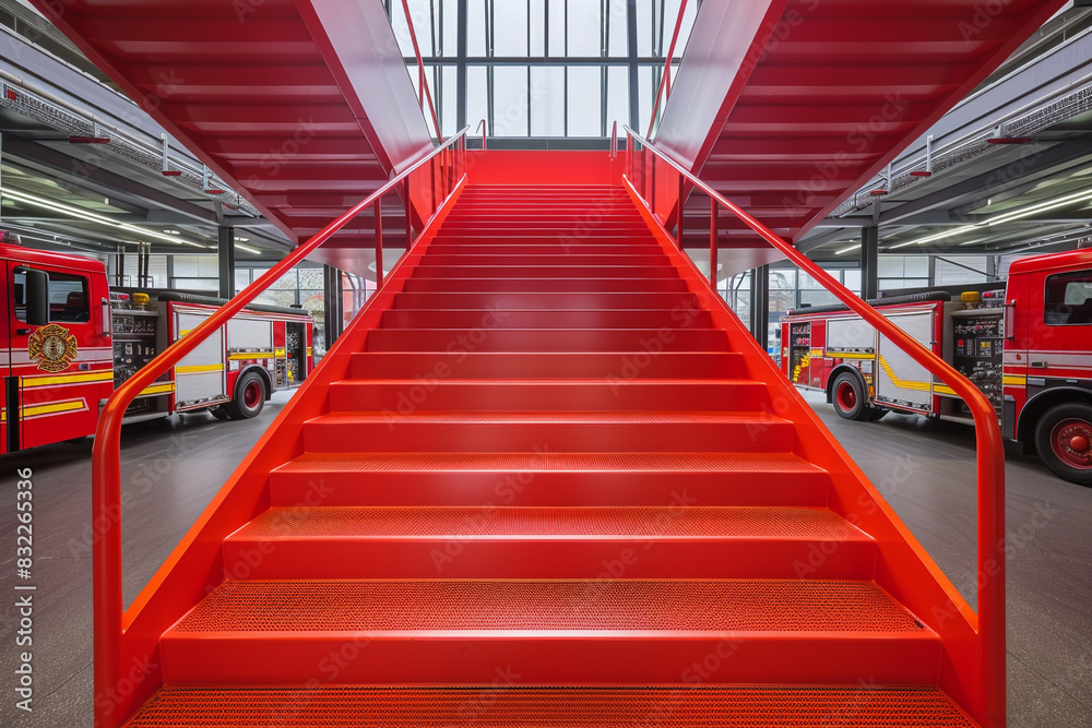 Fire station's red staircase, captured from a high walkway with trucks below. Fire station's red staircase, captured from a high walkway with trucks below.