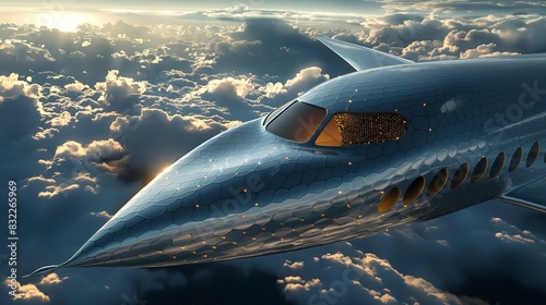 A conceptual image of a nanocomposite coating on an aircraft, designed to reduce drag and improve fuel efficiency by altering surface properties. photo