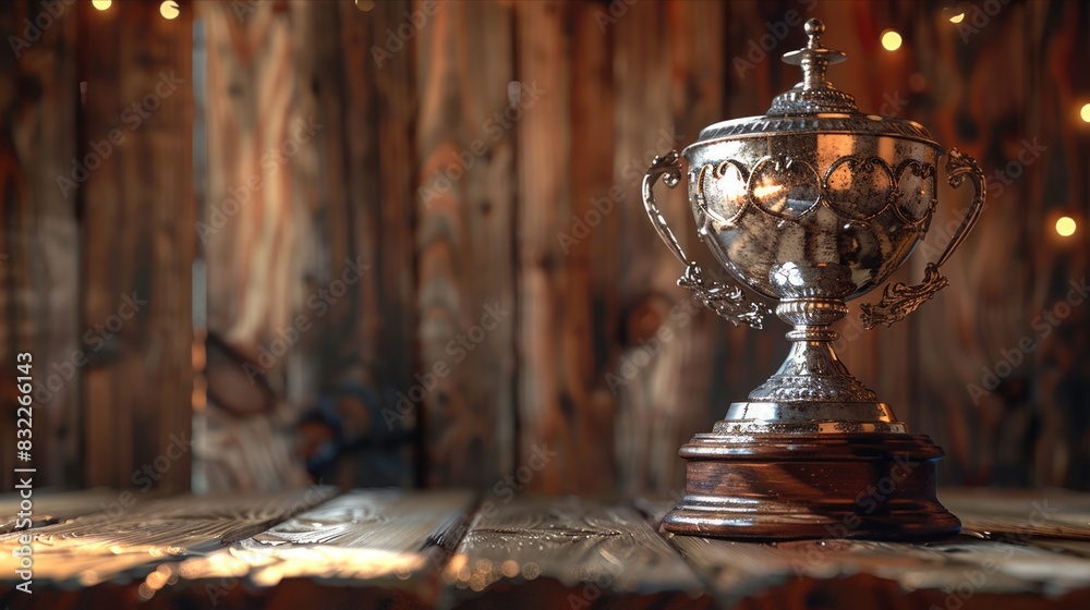 Elegant silver trophy gleaming against sophisticated dark wooden panel background Elegant silver trophy gleaming against sophisticated dark wooden panel background