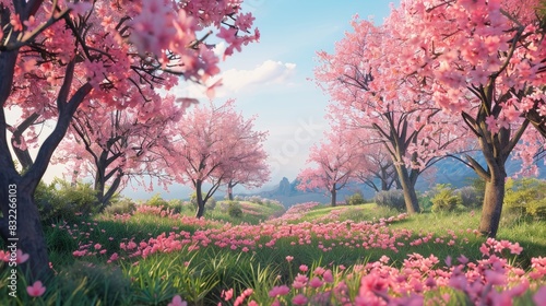 Blooming trees with pink flowers and abundant foliage