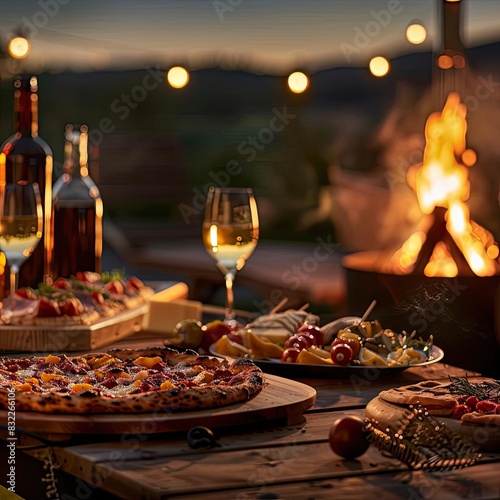 Evening outdoor dining with pizza  wine  and grilled food near a cozy firepit  illuminated by string lights and surrounded by a scenic landscape.
