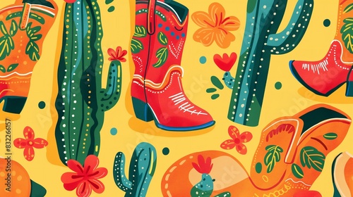 Colorful Tex-Mex Restaurant Menu Cover with Cactus, Boots, and Flowers