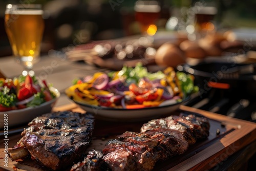 Savory grilled meat and vegetables served with refreshing beer  perfect for an outdoor barbecue gathering with friends and family.