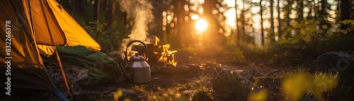 Sunrise over a serene forest campsite with a yellow tent and a steaming kettle  capturing the warmth and tranquility of nature.