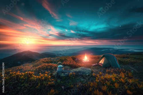 Scenic mountain camping at sunset with vibrant sky, a glowing campfire, and a tent surrounded by beautiful wilderness under a starry sky.