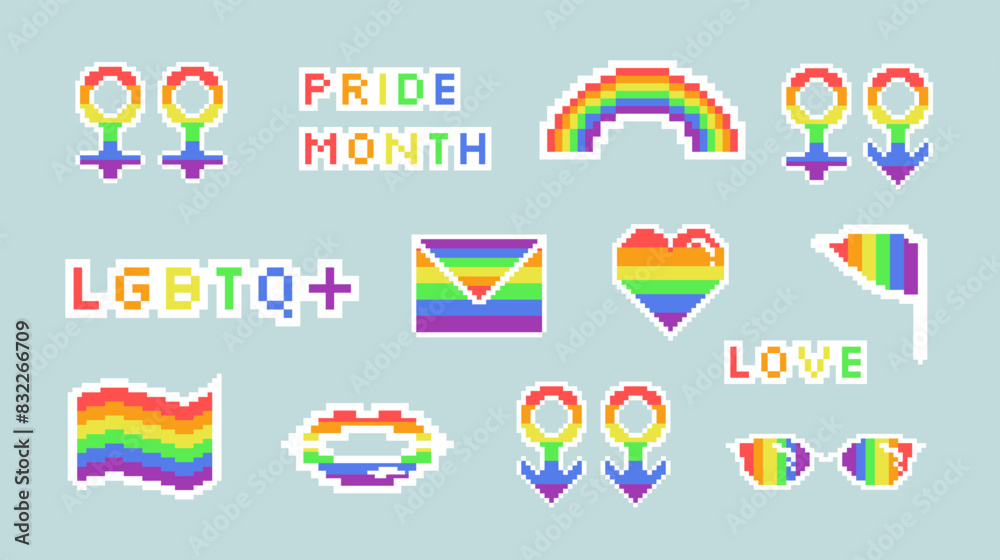 LGBT set. Pride month. Heart, rainbow, lips, envelope, flag, gender sign. Pixel art. Vector LGBT set. Pride month. Heart, rainbow, lips, envelope, flag, gender sign. Pixel art. Vector