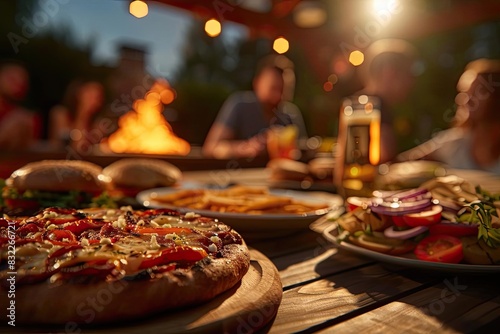 Group of friends enjoying a cozy outdoor dinner with pizza, burgers, fries, and drinks under string lights in the evening. photo