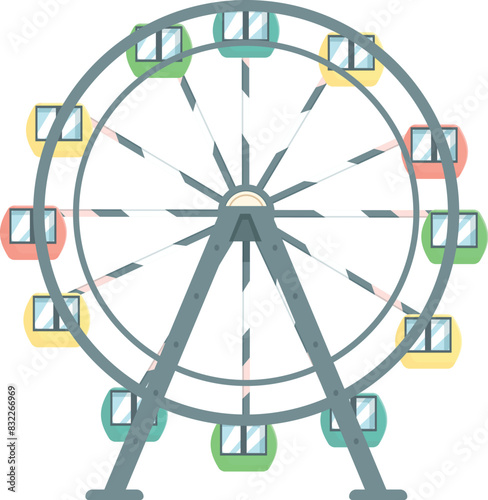 Vibrant and colorful ferris wheel illustration in flat design style for amusement park and funfair vector carnival entertainment ride attraction festival leisure recreation fairground concept with ico