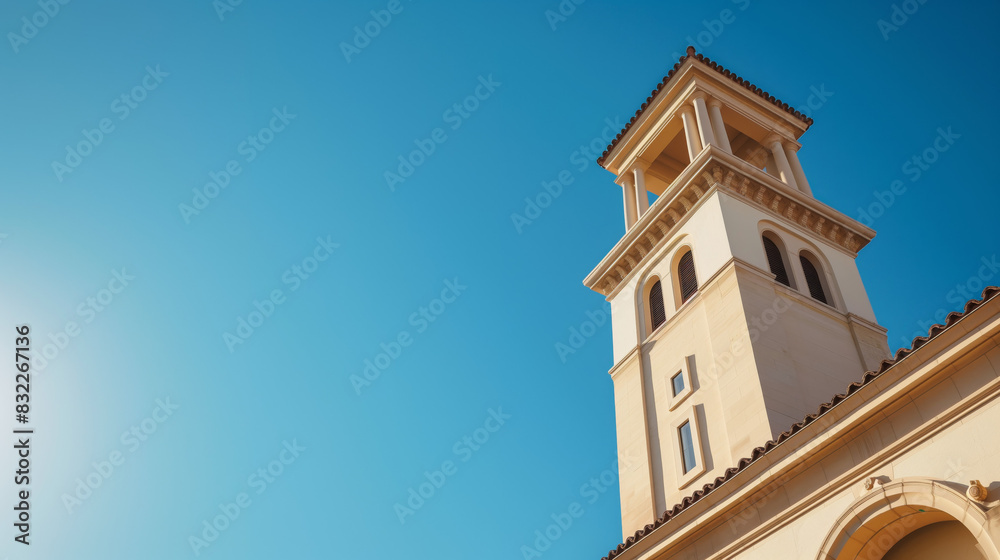 Architecture shot of a Mediterranean style bell tower with a clear blue sky
