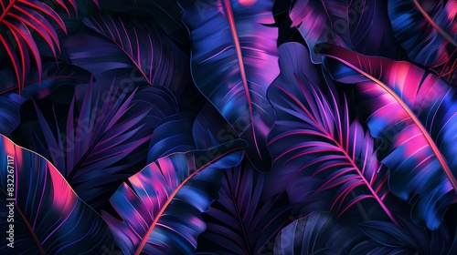 Vibrant Neon Banana Leaves Pattern on Dark Background