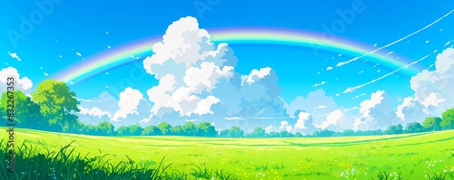 Stunning view of a lush meadow under the sun's warm glow, with a vibrant rainbow stretching across the clear blue sky, creating a peaceful and beautiful scene