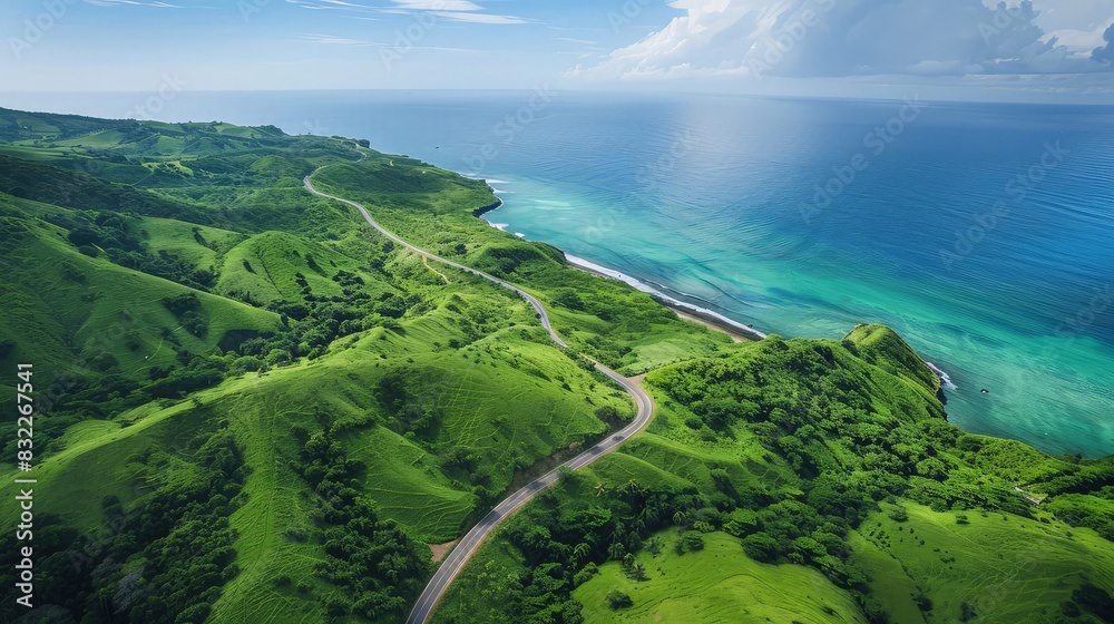 Overhead shot of a coastal road winding through lush green hills and valleys before reaching a secluded beach, with clear blue skies overhead.