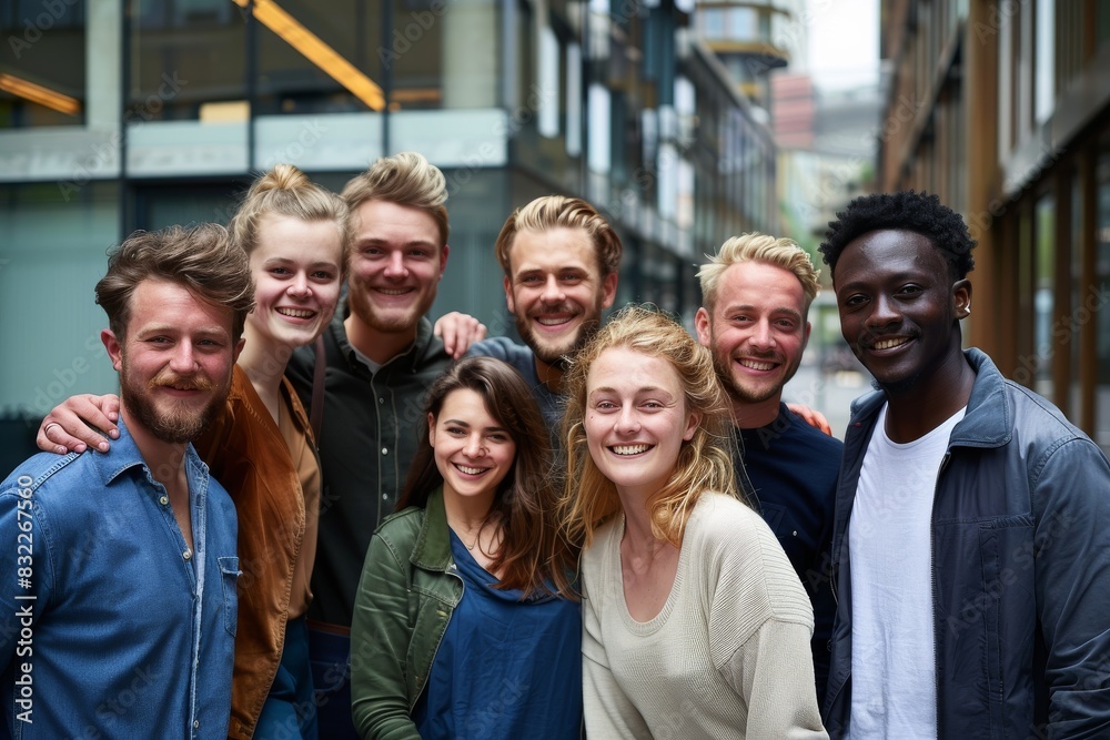 Diverse group of friends standing in a row and smiling at the camera Diverse group of friends standing in a row and smiling at the camera