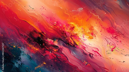 Design an abstract composition with fluid textures and dynamic splashes. Use soft brushstrokes and flowing lines to create movement and energy within the artwork, incorporating a rich color palette