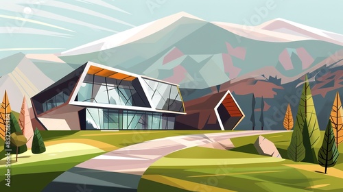 Mountainous region dwelling brochure flat design side view sustainable living theme cartoon drawing Triadic Color Scheme  photo