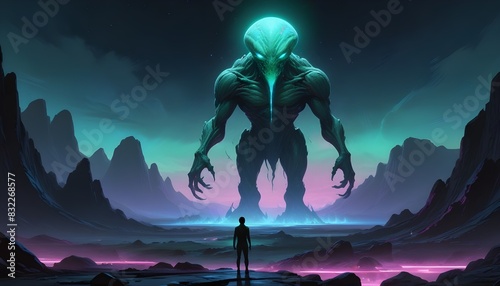 A man is communicating with a giant Alien.