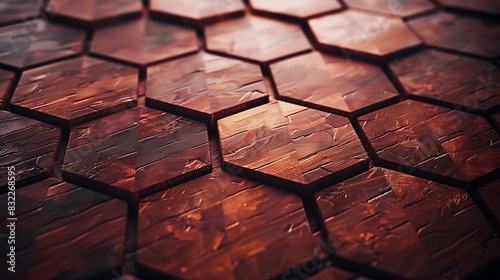 A hexagon pattern featuring a rich mahogany wood texture, polished to a shine. 8k, realistic, full ultra HD, high resolution, and cinematic photography