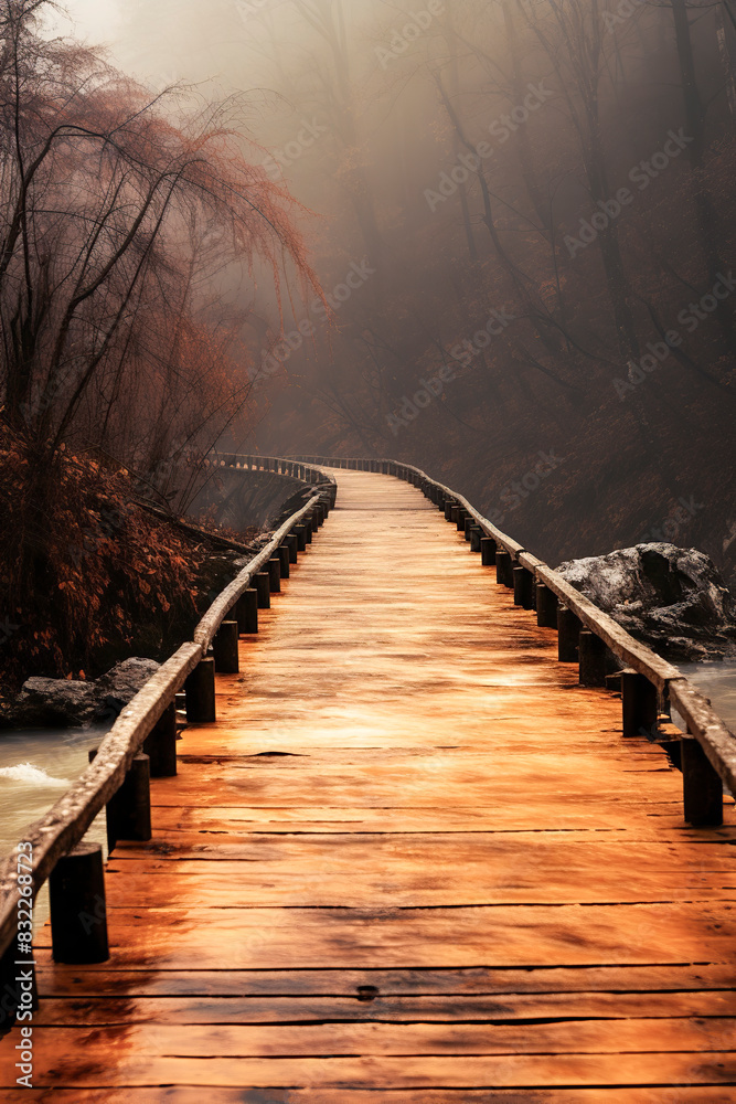 Fototapeta premium a serene, misty wooden bridge amidst autumn trees, bathed in soft, golden light. Tranquil and mystical