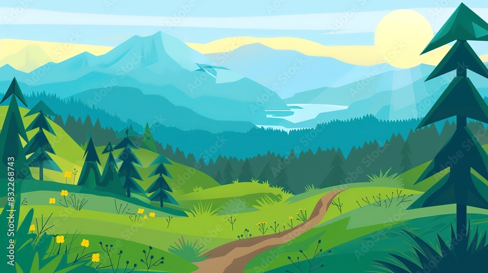 Summer mountain trails graphic design flat design top view hiking season theme water color vivid Summer mountain trails graphic design flat design top view hiking season theme water color vivid