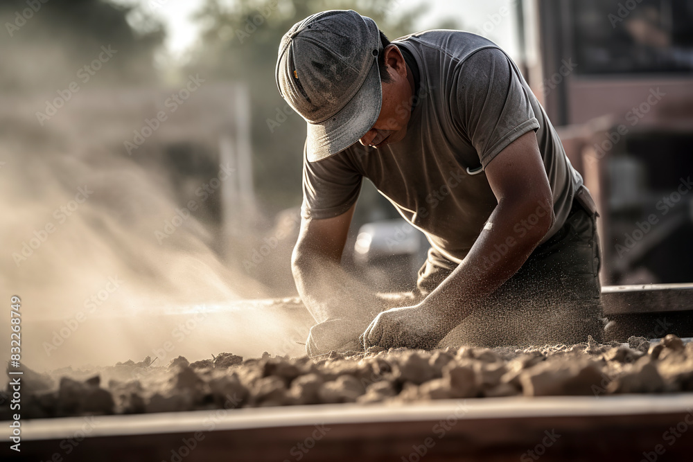 A man is working on a construction site, wearing a hat and a shirt. He is covered in dust and he is focused on his task A man is working on a construction site, wearing a hat and a shirt. He is covered in dust and he is focused on his task