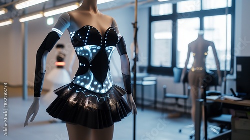A prototype of smart dancewear displayed in a design studio, incorporating motion sensors to give feedback on dance movements and improve technique. photo