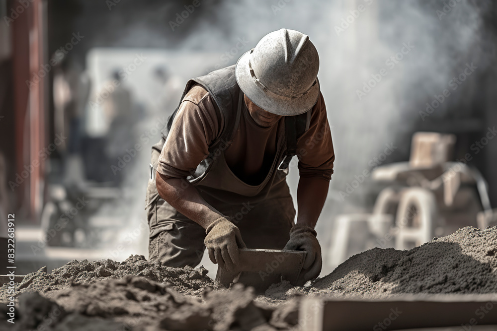 A man wearing a hard hat is working with a brick. The scene is set in a construction site A man wearing a hard hat is working with a brick. The scene is set in a construction site