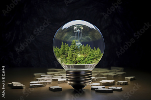 A light bulb encapsulating a green forest amidst broken concrete, symbolizing nature's resilience against human encroachment