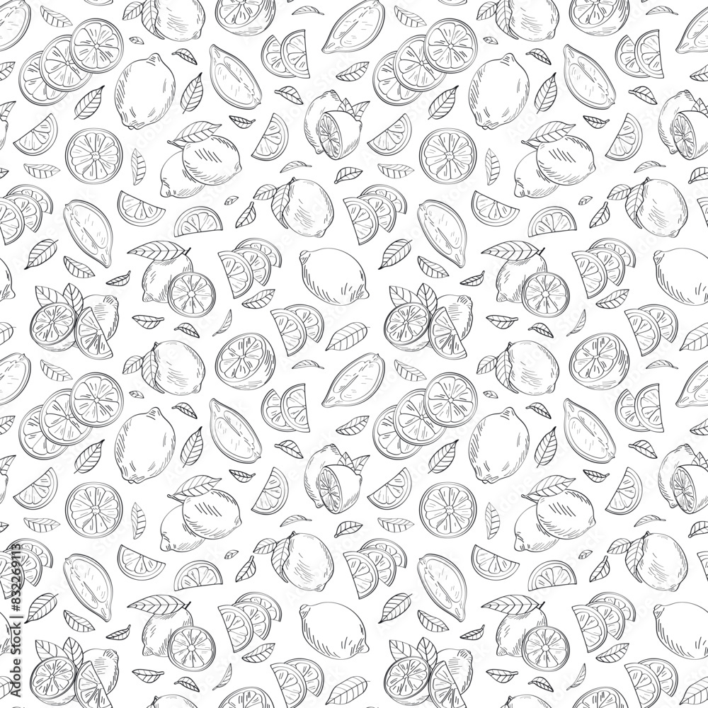 Seamless endless pattern of lemons. Illustration in hand drawn style. Can be used to create packaging, covers, backgrounds, cards, textiles, clothing, souvenirs and much more. Seamless endless pattern of lemons. Illustration in hand drawn style. Can be used to create packaging, covers, backgrounds, cards, textiles, clothing, souvenirs and much more.