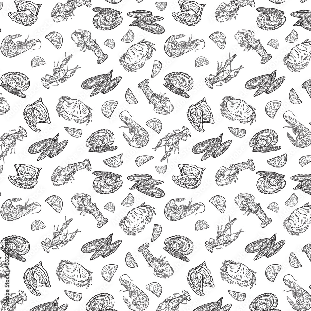 Seamless endless seafood pattern. Illustration in hand drawn style. Can be used to create packaging, covers, backgrounds, cards, textiles, clothing, souvenirs and much more.