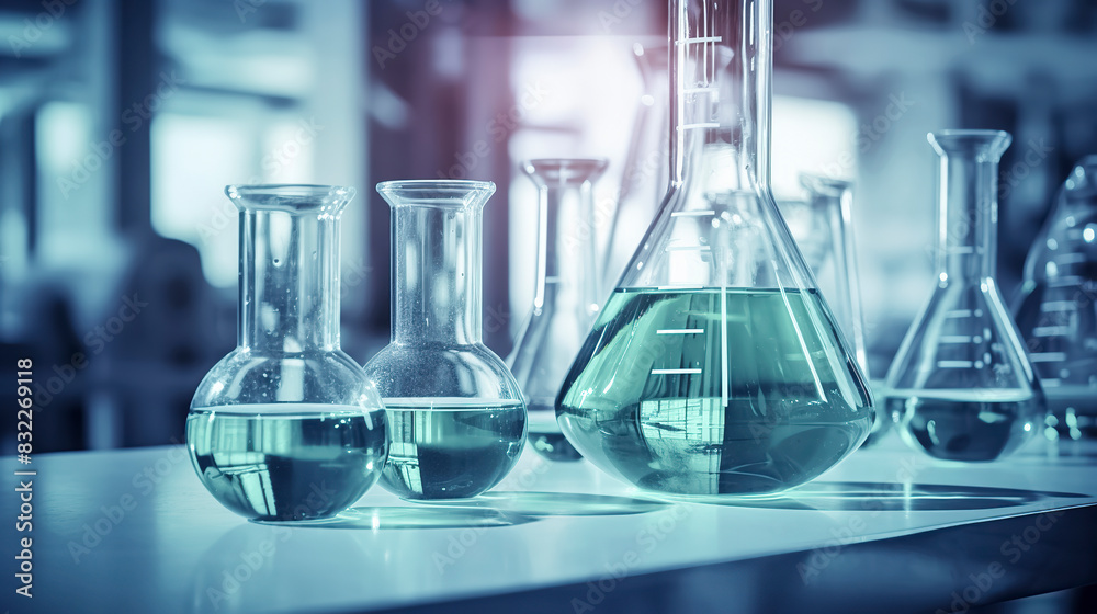 Glass laboratory flasks filled with liquid on a table, illuminated by bright light, in a scientific research environment Glass laboratory flasks filled with liquid on a table, illuminated by bright light, in a scientific research environment