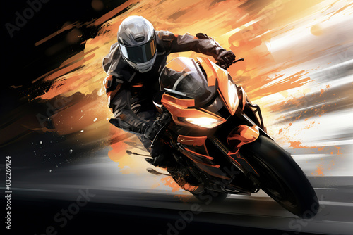 a motorcyclist in silver armor riding a sleek bike amidst dynamic, explosive effects, conveying speed and intensity © larrui