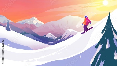 Snowboarding slopes artwork flat design front view snow escapades theme animation Tetradic color scheme  © Thanthara