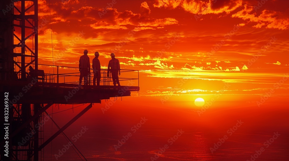 Workers standing on high-rise platform silhouetted against fiery sunset horizon