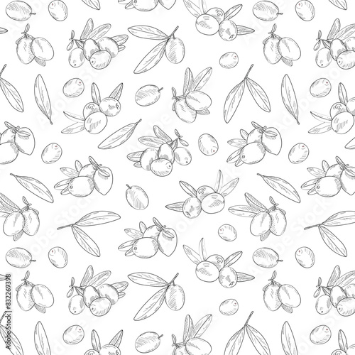 Seamless endless pattern of olives. Illustration in hand drawn style. Can be used to create packaging, covers, backgrounds, cards, textiles, clothing, souvenirs and much more.