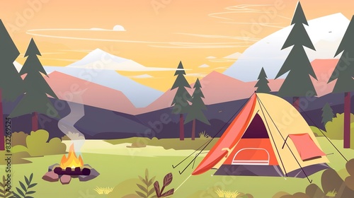 Mountain camping site flat design front view wilderness retreat theme animation Complementary Color Scheme 