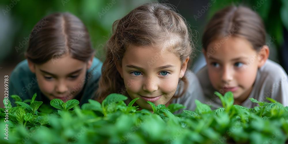 A group of children from a primary school are studying plants and insects in the plant and insect greenhouse. A group of children from a primary school are studying plants and insects in the plant and insect greenhouse.
